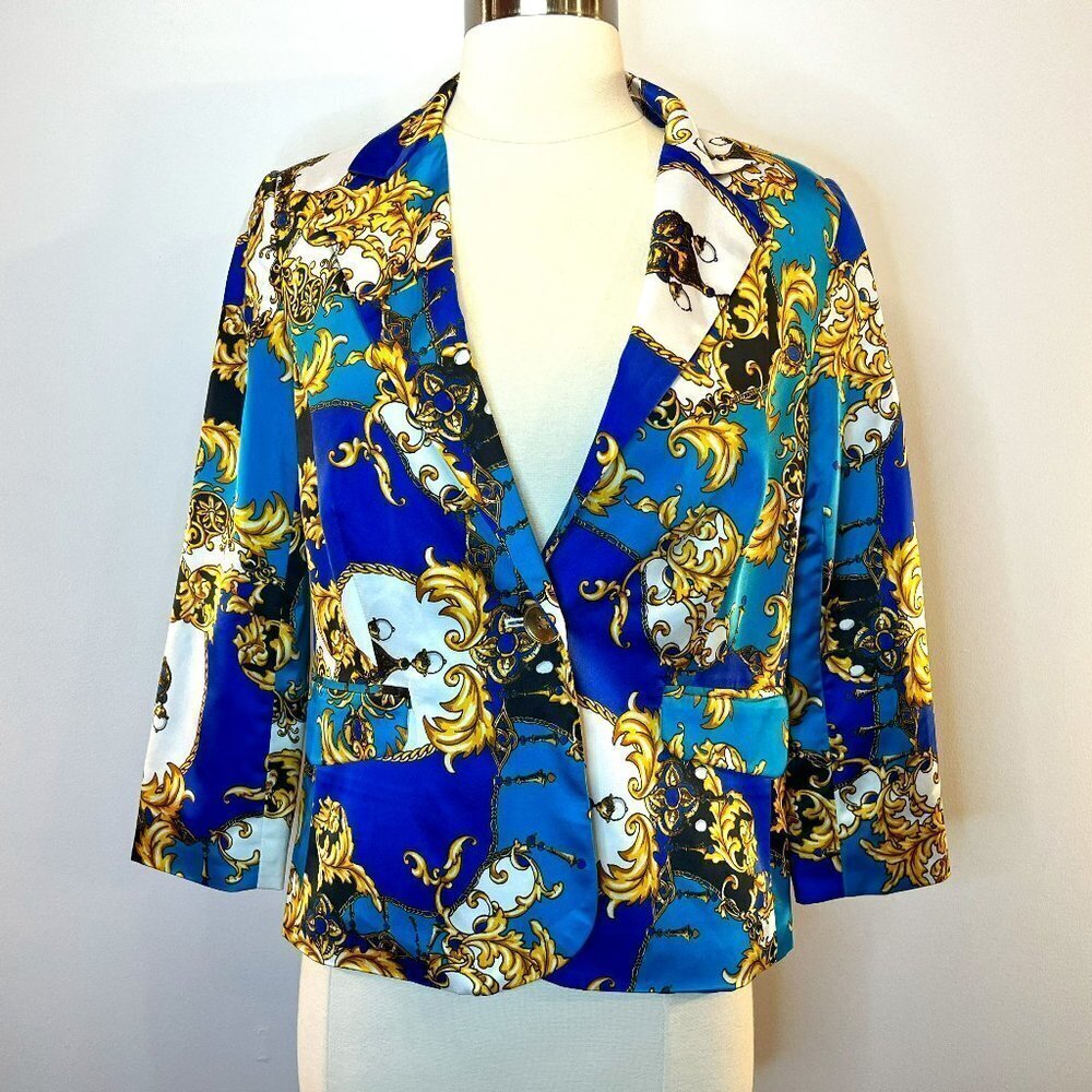 MADISON Women's Blue/Gold Satin Printed Blazer - Size Small - NWT.